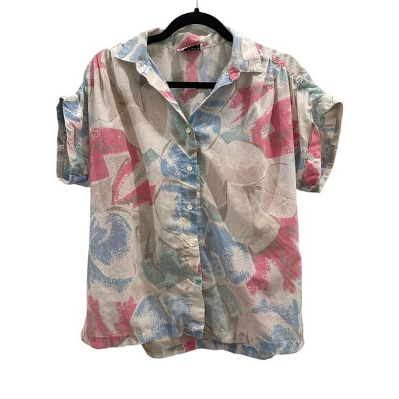 Vintage RRRRRuss Blouse Pastel Pink Blue White Short Sleeve Button USA M - Picture 1 of 6